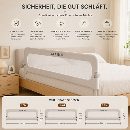Baby Bettschutzgitter „Good Night" – Höhenverstellbare Bettgitter | Sicherer Fallschutz für Babys & Kleinkinder | 4 Größen verfügbar