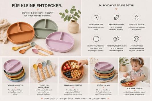 Baby Silikon Geschirrset – Teller mit 3 Fächern, Löffel & Gabel | BPA-frei, Saugnapf & spülmaschinenfest | Perfekt für kleine Entdecker