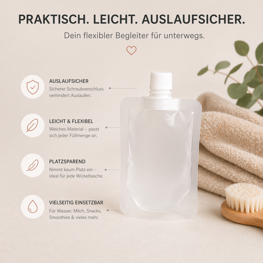Baby Reisebeutel Nachfüllbar – 5er Set Squeeze Beutel für unterwegs | Auslaufsicher, leicht & platzsparend | Für Lotion, Shampoo & mehr
