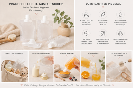 Baby Reisebeutel Nachfüllbar – 5er Set Squeeze Beutel für unterwegs | Auslaufsicher, leicht & platzsparend | Für Lotion, Shampoo & mehr