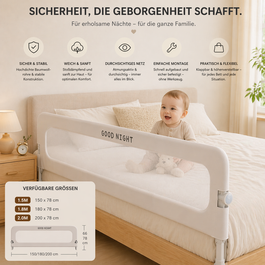 Baby Bettschutzgitter „Good Night" – Höhenverstellbare Bettgitter | Sicherer Fallschutz für Babys & Kleinkinder | 4 Größen verfügbar
