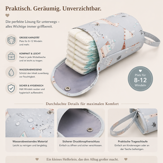 Baby Windeltasche – Wasserabweisende Wickeltasche für unterwegs | Platz für 8-12 Windeln | Kinderwagen Organizer & Reisebegleiter