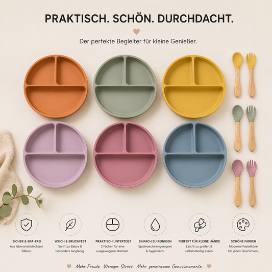 Baby Silikon Geschirrset – Teller mit 3 Fächern, Löffel & Gabel | BPA-frei, Saugnapf & spülmaschinenfest | Perfekt für kleine Entdecker